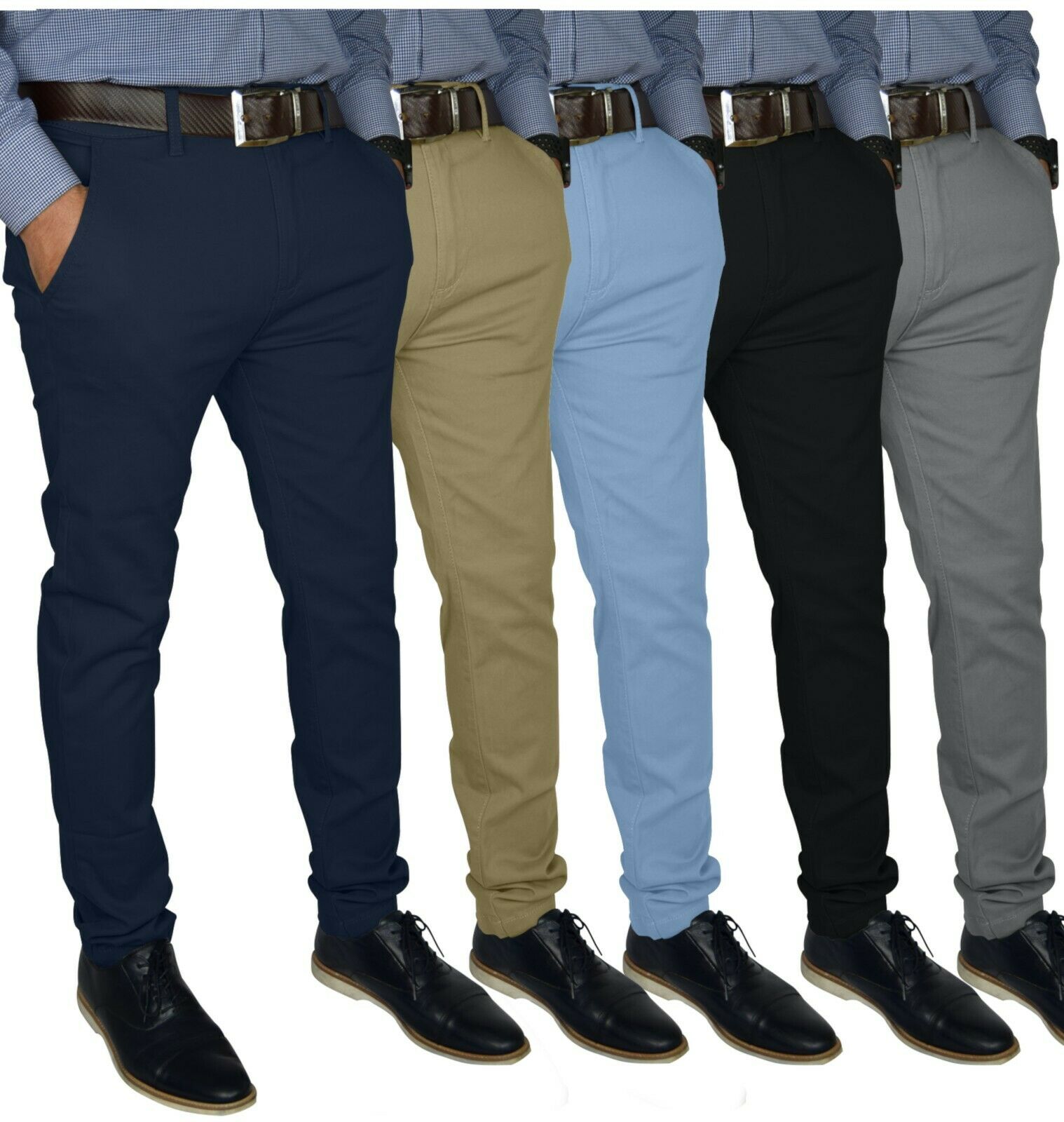 Mens Slim Fit Stretch Chino Trousers Casual Flat Front Flex Full Pants