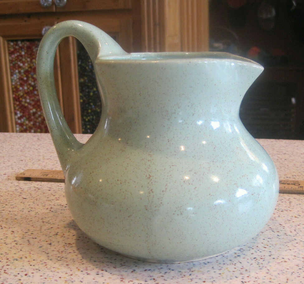 Vtg Brush Mccoy Pottery Usa #83 Celadon Green Speckled Stoneware Pitcher Signed