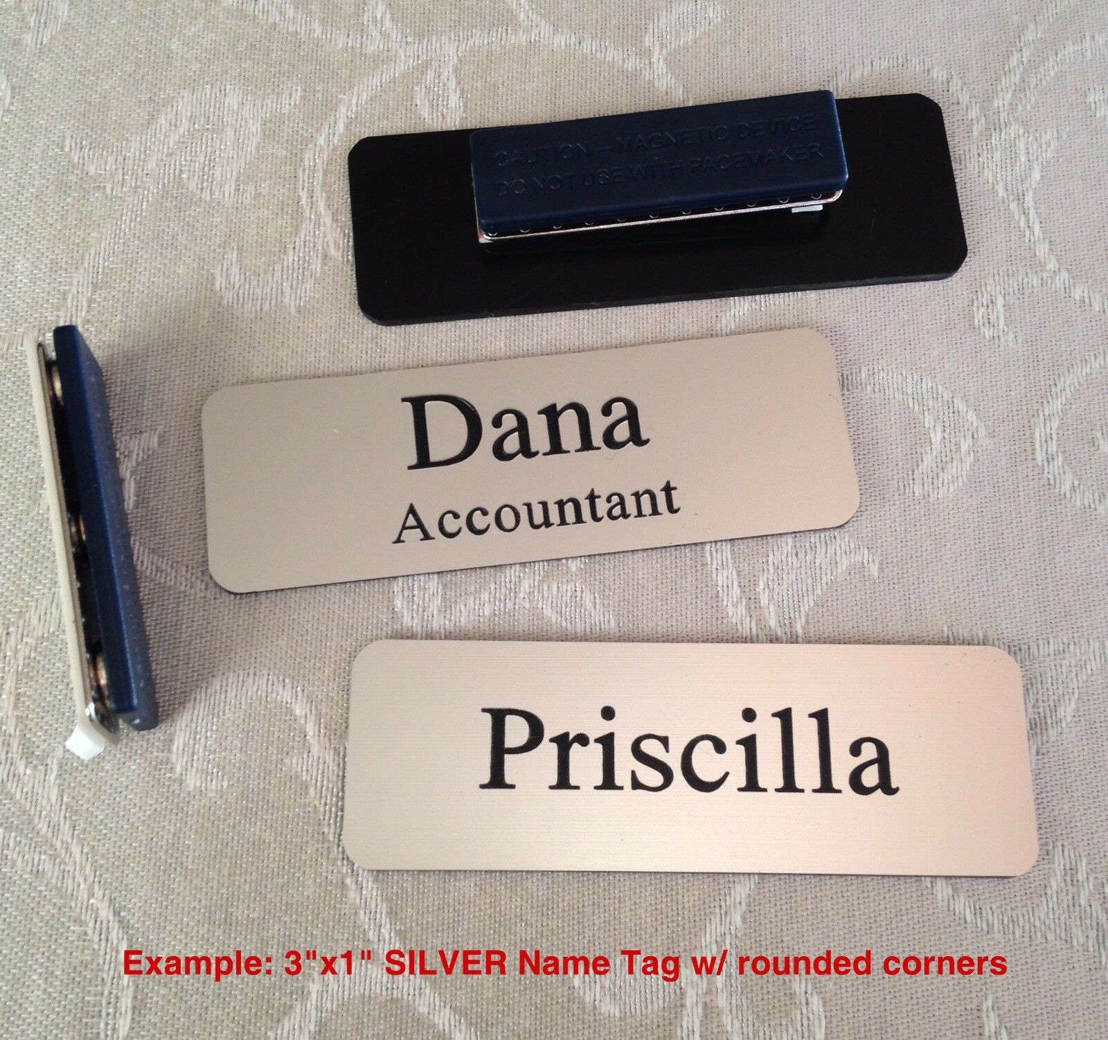 Custom Employee Name Tag Smth Silver W Corner Rounds & Magnet Attachment 1" X 3"