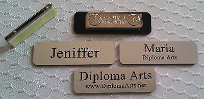 Custom Name Tags 2.5"x0.75" Silver -black Letters Corners Rounded W/ Magnet