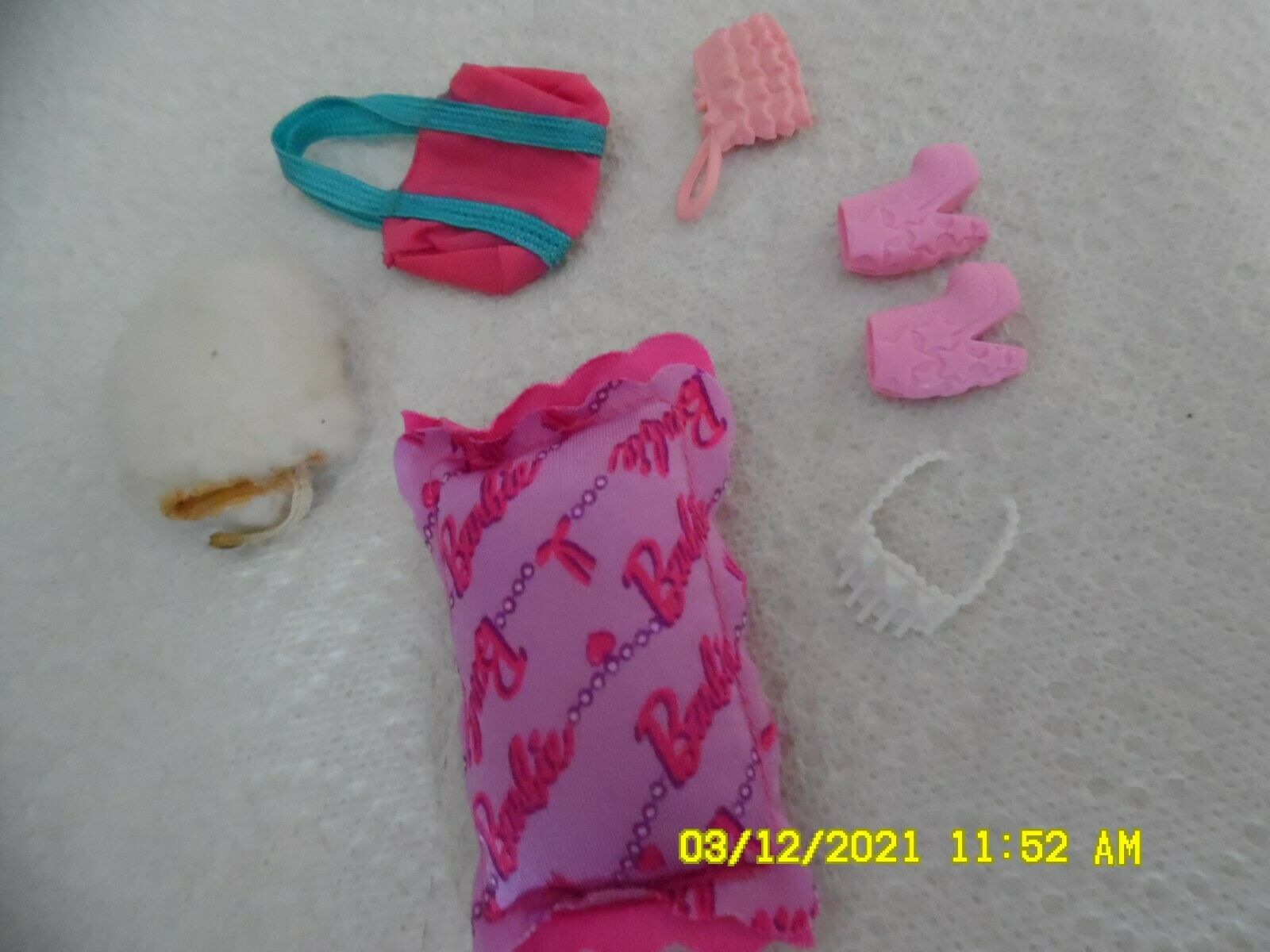 Lot Of Vintage Barbie Doll Accessories-pillow, Shoes, Purse, Muff, Crown, Gymbag